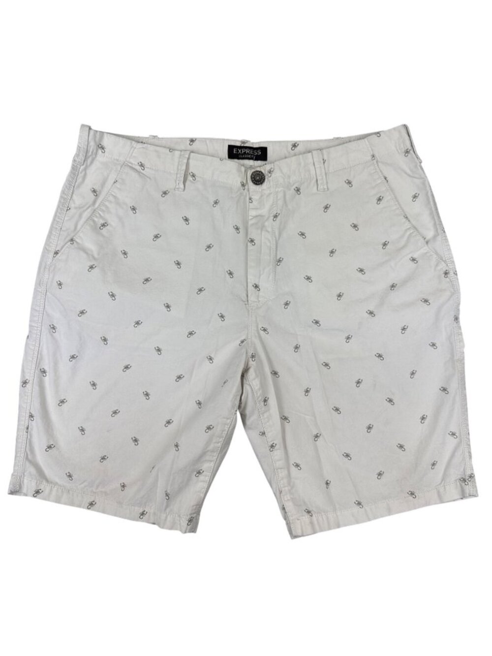 Express Mens Classic Fit White Shorts With Small Gray Scorpion Print Travel